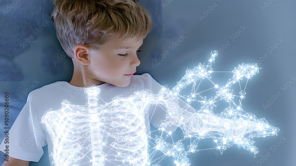 Poster a child gazes at a glowing, skeletal projection on his body, blending imagination with a visual repr