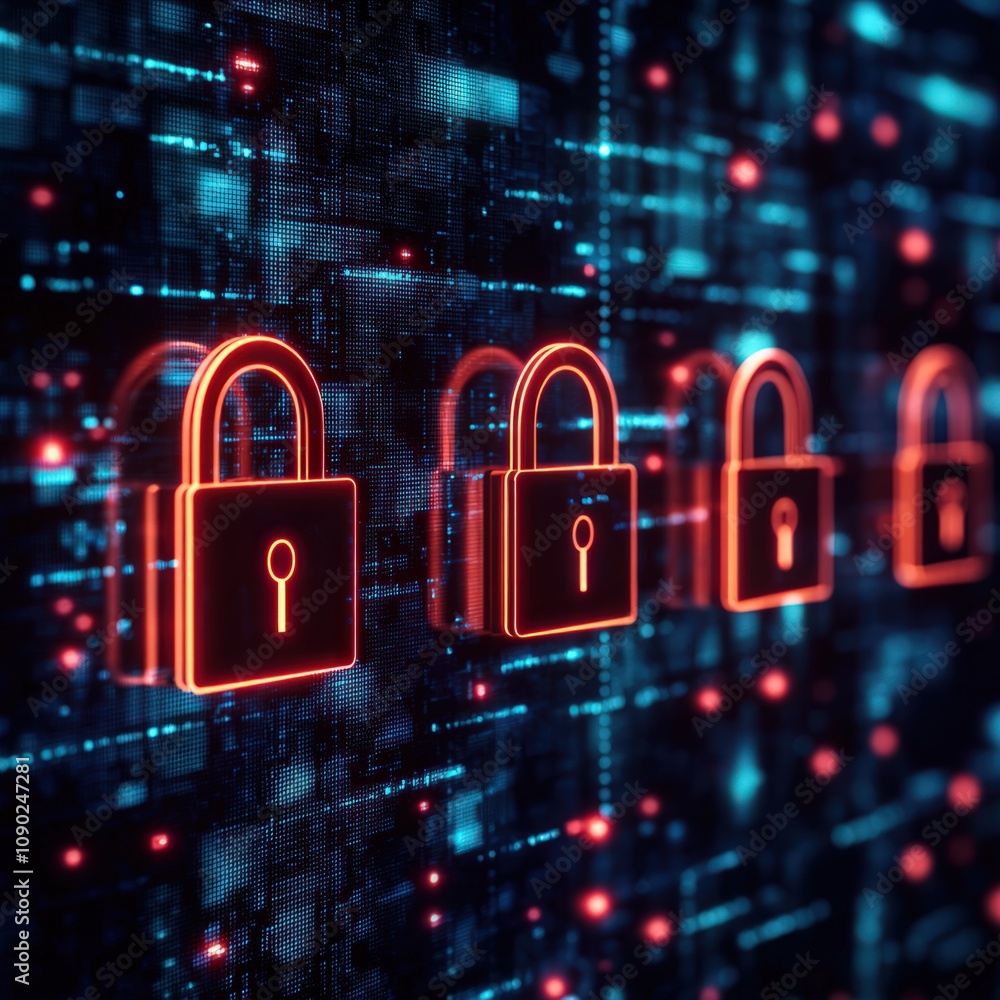 Poster digital illustration of glowing padlocks on a circuit-like background, symbolizing cybersecurity and