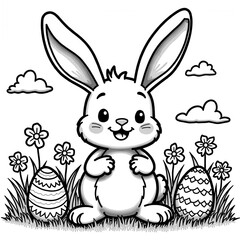 Obraz premium Easter Bunny Sitting Among Spring Flowers Eggs