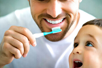 A joyful moment between a father and son sharing dental care, emphasizing the importance of oral hygiene and bonding through brushing teeth together.