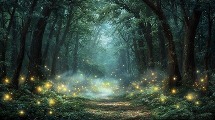 Obraz premium Enchanted Woodland Path with Glowing Fireflies at Twilight