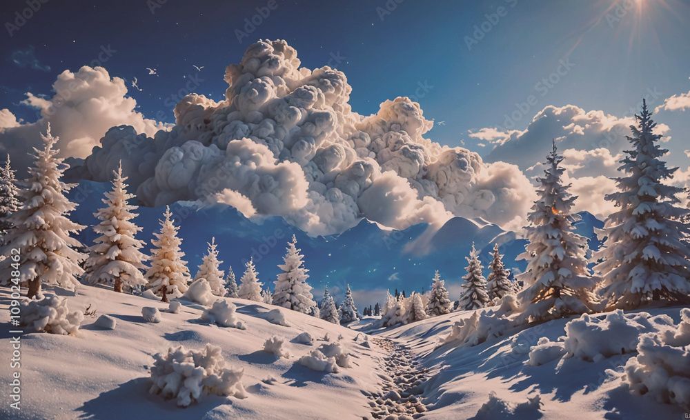 Aufkleber a snowy landscape with a mountain in the background. the sky is cloudy and the sun is shining throug