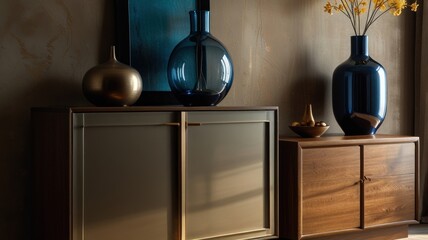 Here's a description and keywords suitable for a stock photo site.. Stylish home interior with mid-century modern furniture, blue glass vases, and gold accents.