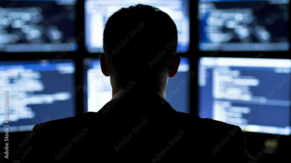 Poster a man reviews complex code on multiple computer screens late at night