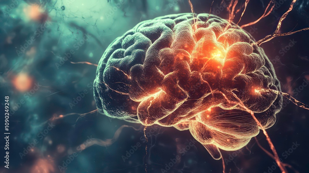 Poster a detailed 3d rendering of a human brain with glowing neurons and synapses firing.