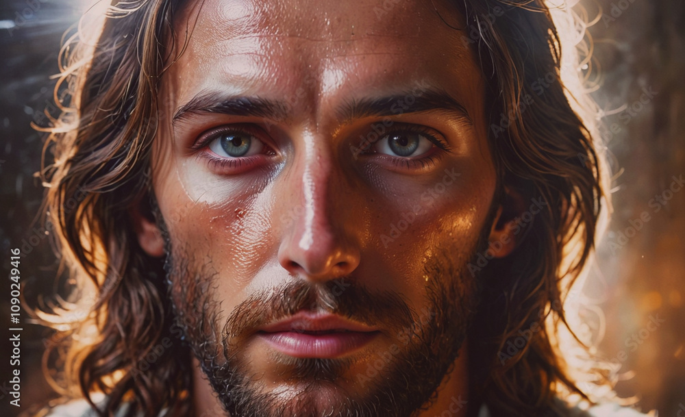 Poster a man with a beard and long hair is looking at the camera. the image has a warm and inviting mood, w