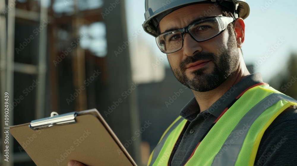 Poster a close-up of a construction project manager in a gray helmet and safety vest, discussing project de