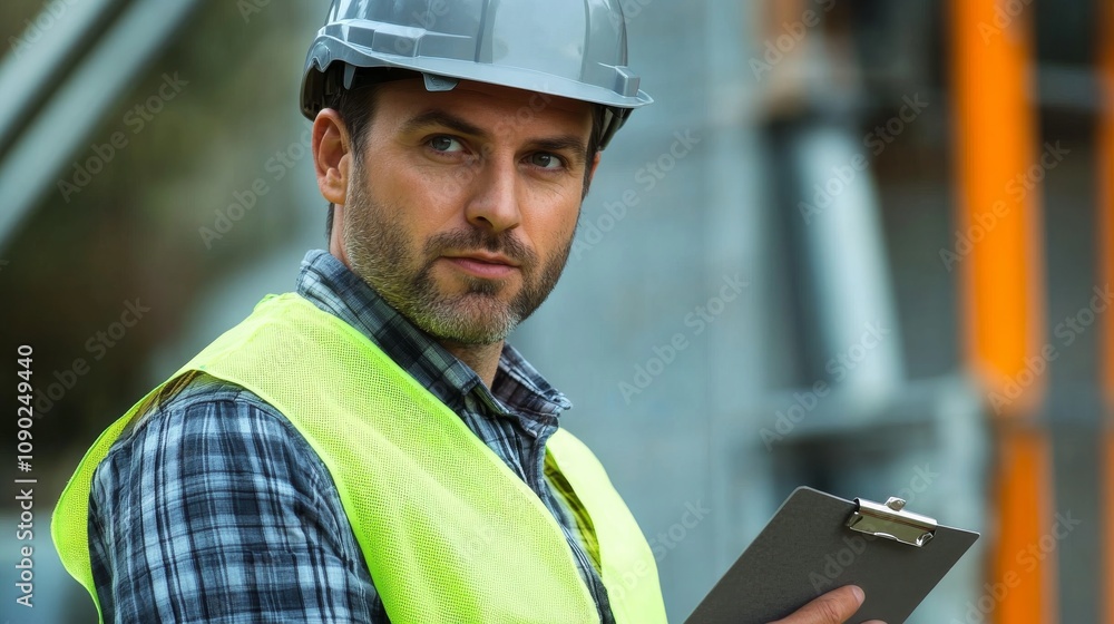 Poster a close-up of a construction project manager in a gray helmet and safety vest, discussing project de