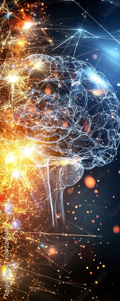 Poster abstract brain with glowing lines and network.