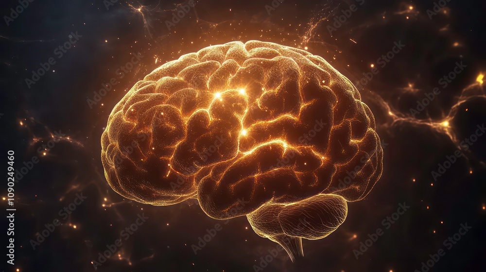 Poster illustrating cognitive function as a human brain illuminates neural pathways against a dark backgrou