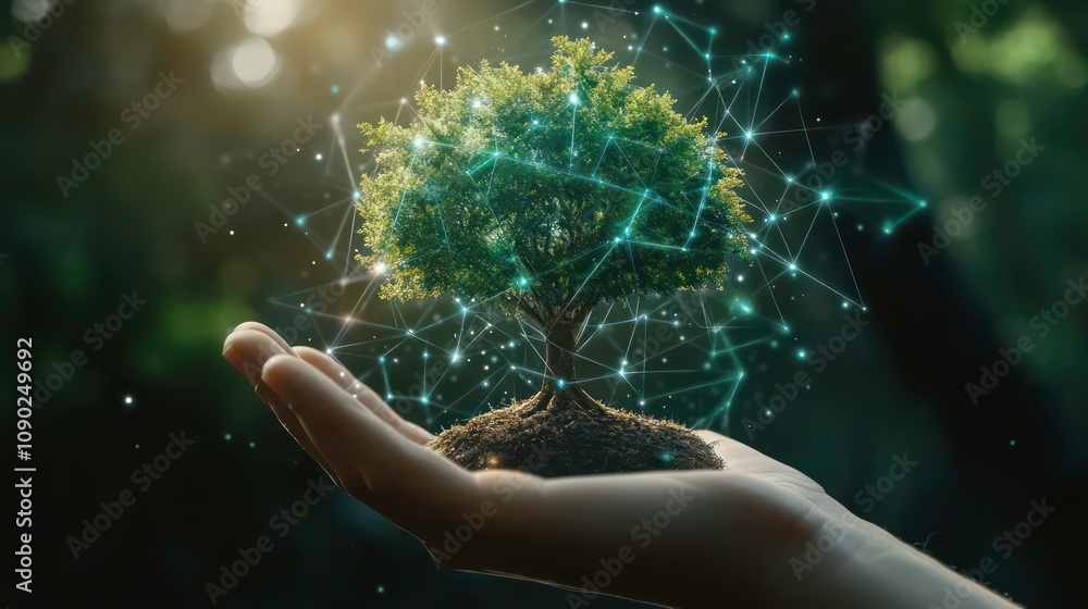 Poster a hand holding a small tree with a glowing network of lines and dots surrounding it.