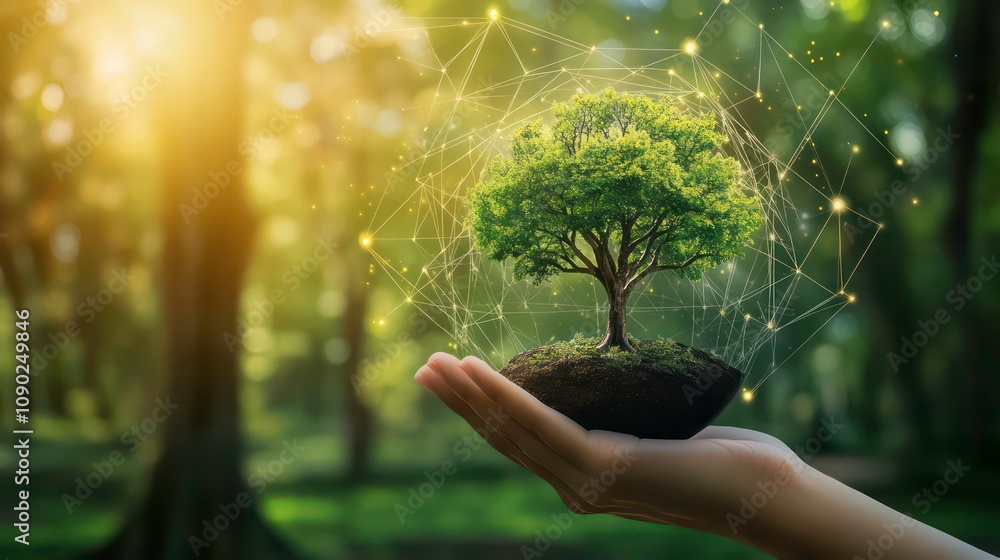 Poster a hand holds a small tree sapling with a glowing network of connections around it, representing the 