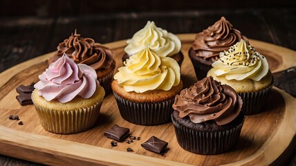 Closeup of assorted cupcakes with chocolate and vanilla frosting on a wooden cutting board.