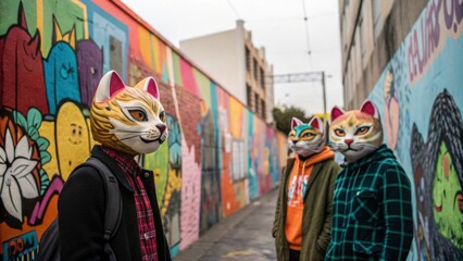 Naklejka premium Vibrant street art colors the walls framing yet another gathering of therians whose playful feline masks spark joy and wonder.