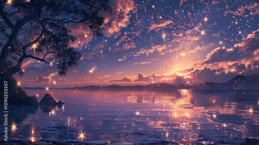 Poster a breathtaking view of a fiery sunset over a lake with a silhouette of a tree, illuminated by sparkl