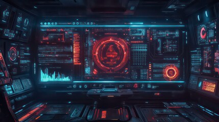 A futuristic spaceship bridge with a large monitor displaying a digital interface with glowing red and blue elements.