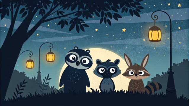 Silhouetted against the night sky a diverse ensemble of creatures with expressive masks their eyes reflecting the warm glow of lamps overhead.