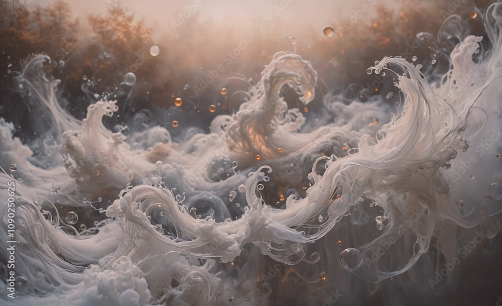 Poster a wave with white foam and bubbles. the mood of the painting is calm and serene, as the waves and fo