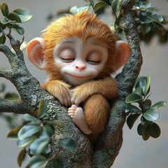 Obraz premium Sleeping Monkey in Tree: A heartwarming image of a cute, fluffy monkey peacefully asleep in a tree.