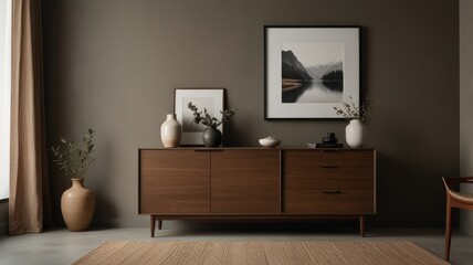 Mid-century modern sideboard with nature photography and minimalist decor in a calm, neutral room.