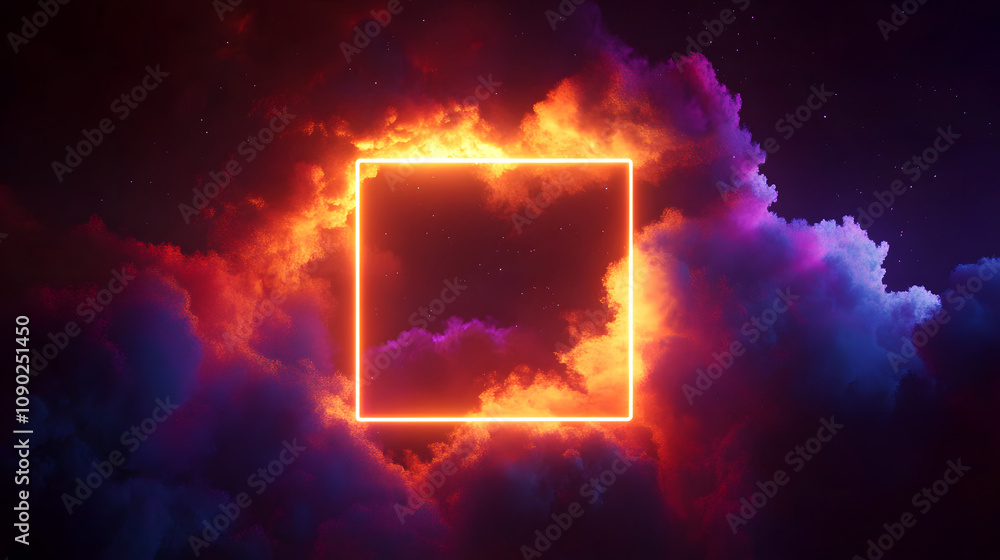 Poster looping 3d animation. abstract neon background with glowing square shape and spinning cloud. blank g