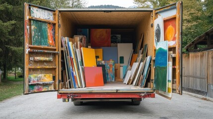 Fototapeta premium An open truck filled with various colorful paintings and artworks for transport.
