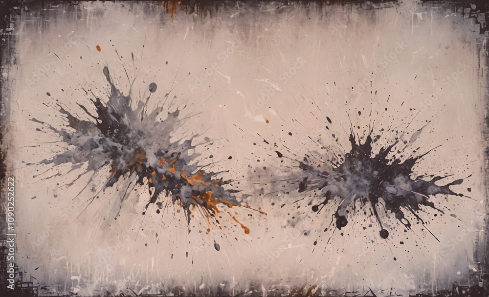 Poster a painting of two black and gray splatters of paint on a white background. the splatters are in diff