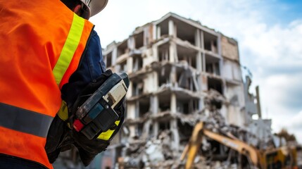 A close-up of a demolition expert with safety gear, holding a detonator, with a building prepared for demolition in the background