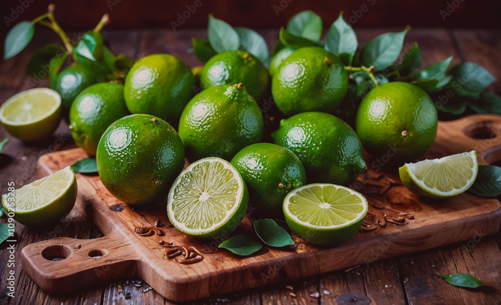 Poster a wooden cutting board with a pile of green limes on it. the limes are cut in half and some are stil