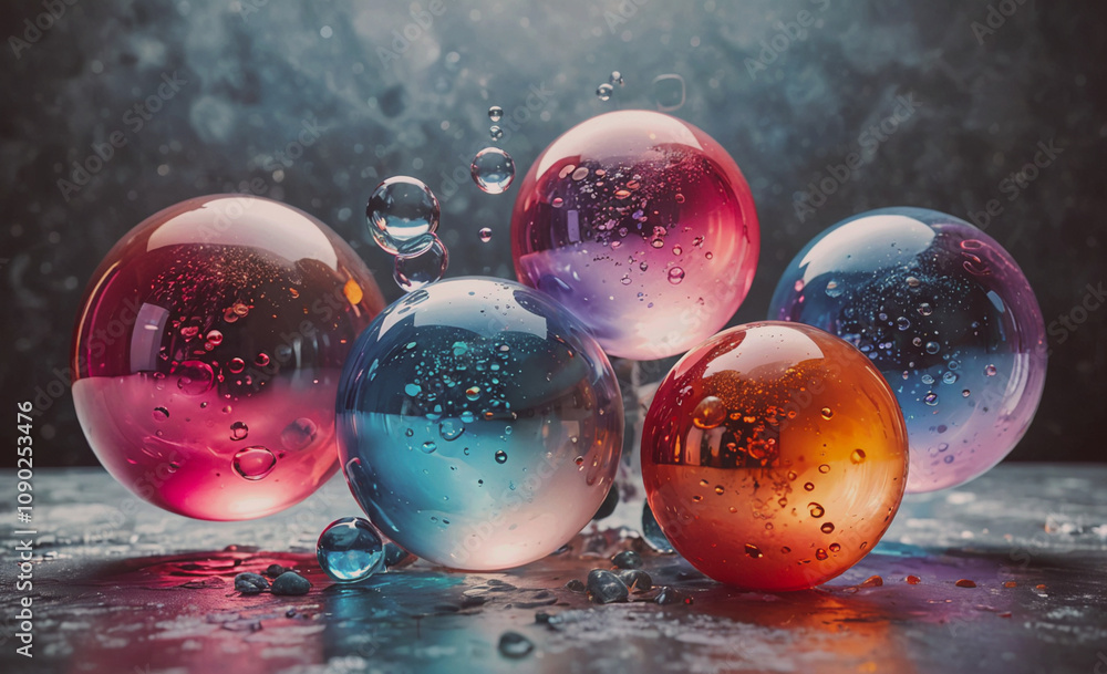 Aufkleber A group of colorful glass spheres are floating in the air. The spheres are of different colors and sizes, creating a visually appealing and dynamic scene