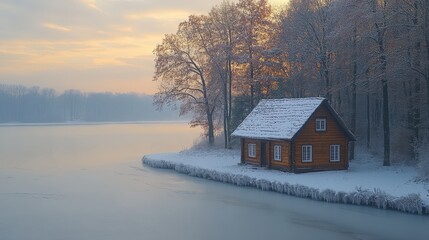 A serene winter scene featuring a wooden cabin by a frozen lake surrounded by snow-covered trees.