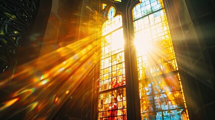 Sunlight streaming through stained glass window