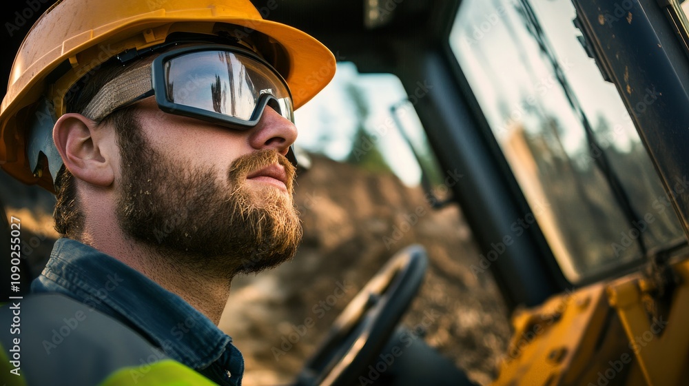 Poster a close-up of a heavy machinery operator in a hard hat and protective eyewear, looking out from the 