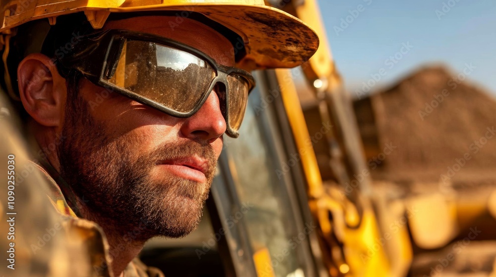 Poster a close-up of a heavy machinery operator in a hard hat and protective eyewear, looking out from the 
