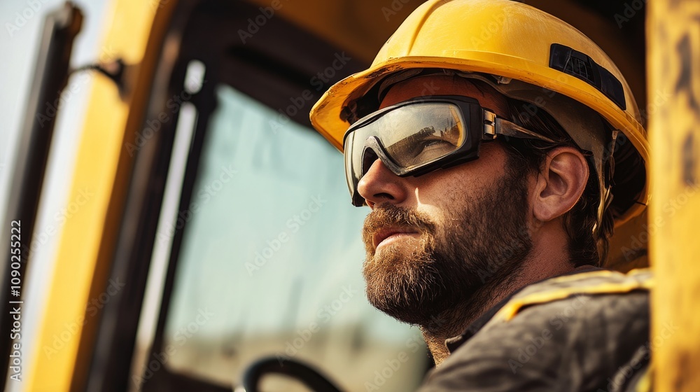 Poster a close-up of a heavy machinery operator in a helmet and protective eyewear, looking out from the ca
