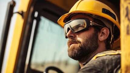 A close-up of a heavy machinery operator in a helmet and protective eyewear, looking out from the cab of an excavator on a construction site, Excavation scene