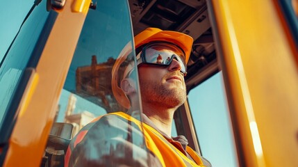 A close-up of a heavy machinery operator in a helmet and protective eyewear, looking out from the cab of an excavator on a construction site, Excavation scene