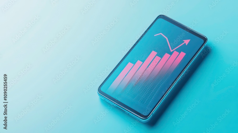 Poster smartphone displaying a graph with increasing arrow, on blue background.