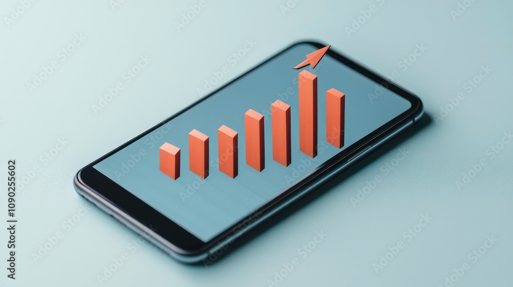 Poster graph with an arrow pointing up and a bar chart on a smartphone, isolated on a light blue background