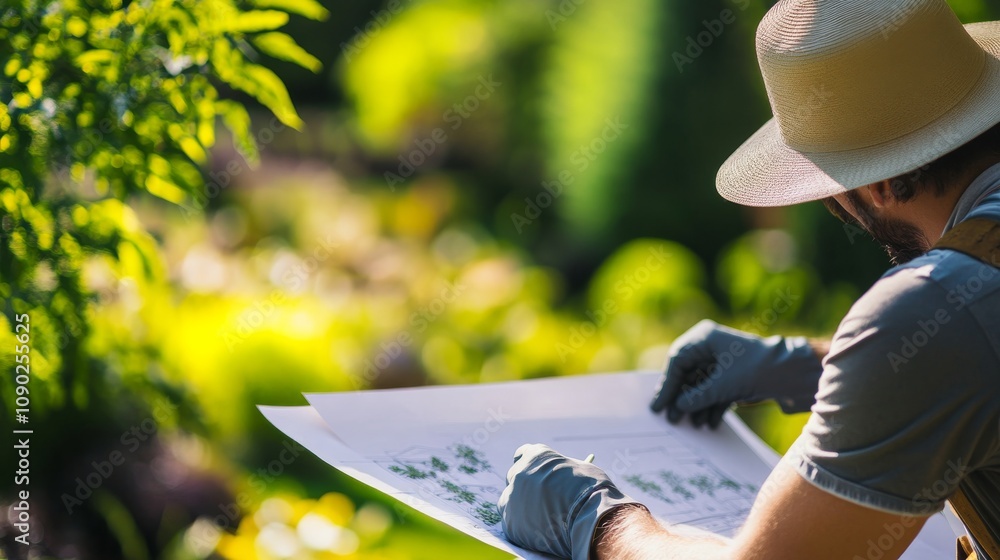 Poster A close-up of a landscape architect in a hat and gloves, examining a blueprint with a partially completed garden in the background, Landscaping project scene