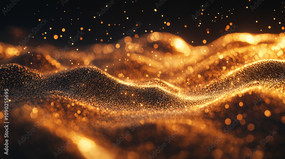 Poster golden waves of shimmering particles create a magical atmosphere in an abstract setting