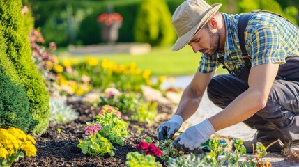 A close-up of a landscaper in a hat and gloves, planting flowers with a beautifully designed garden in the background, Landscaping scene