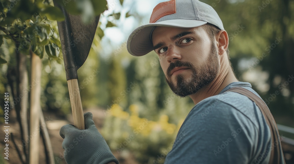 Poster a close-up of a landscaper in work gloves and a hat, holding a shovel and looking at the camera, wit