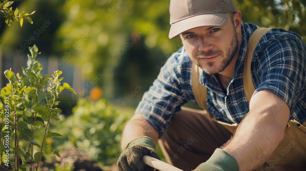 Poster a close-up of a landscaper in work gloves and a hat, holding a shovel and looking at the camera, wit