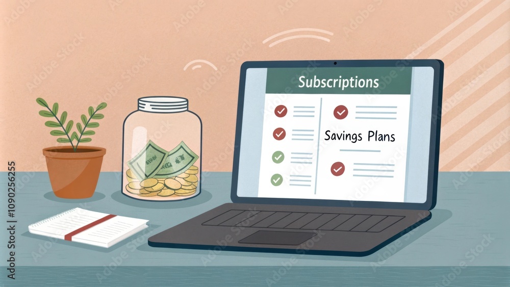 Poster subscription services fund a laptop displaying streaming subscriptions alongside a savings plan list