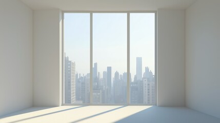 Fototapeta premium Interior view of an empty room in a skyscraper, showcasing the cityscape during the day. The skyline view from a high-rise window offers a gorgeous property with a stunning view.
