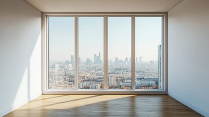 Fototapeta premium Interior view of an empty room in a skyscraper, showcasing the cityscape during the day. The skyline view from a high-rise window offers a gorgeous property with a stunning view.