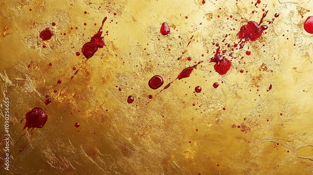 Poster artistic display of red splatter on a gold background with dynamic texture and color contrast
