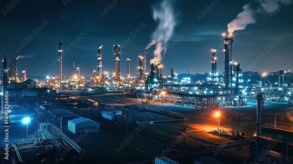 Poster nighttime view of an industrial complex with illuminated structures and smoke emissions.