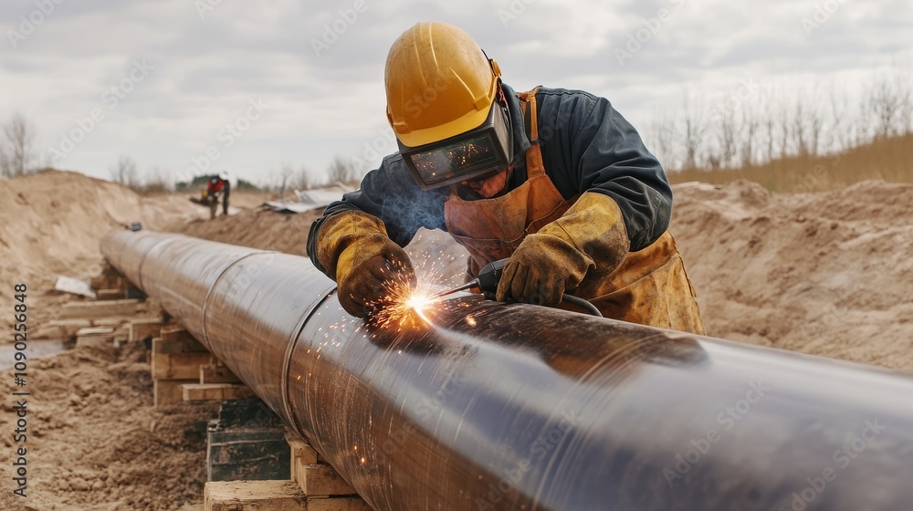 Poster A close-up of a pipeline worker in a hard hat and safety goggles, welding a pipeline with sparks flying and construction site in the background, Pipeline construction scene